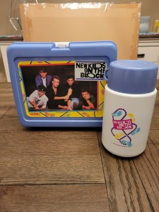 Vintage 1990 Kids On The Block Hard Plastic Lunch Box Blue W/ Thermos