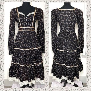 Vtg Gunne Sax Black Calico Midi Dress Boho Lace Prairie Sz 9 Cottagecore