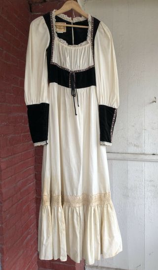 Vintage 70s Gunne Sax Corset Maxi Dress Black Velvet Cotton Renaissance Cottage