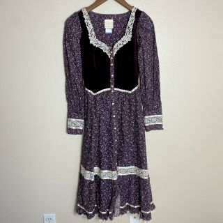Jessica Mcclintock Gunne Sax Floral Velvet Prairie Dress Cottagecore Midi Size 9