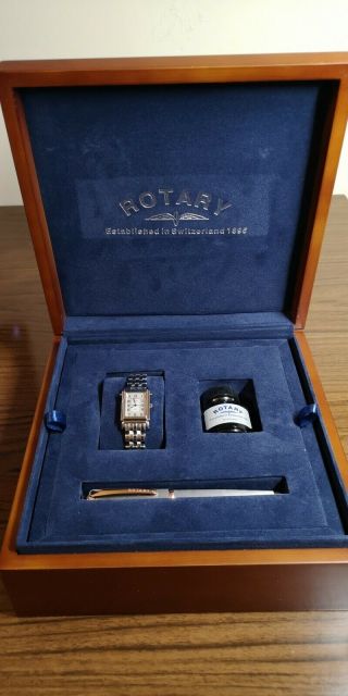 Rotary Elite Vintage Reverso Watch.  Rotary Wooden Box,  Fountain Pen & Ink.