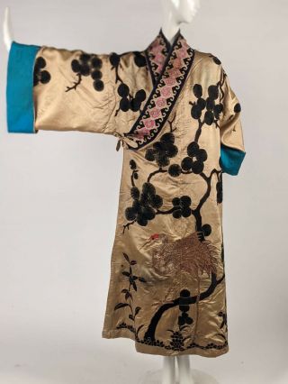 Japanese 19th C Silk Kimono W Hand Emb & Large Metallic Gold Cranes
