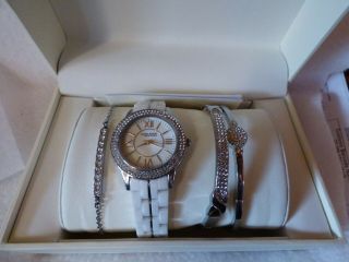 Anne Klein York White Wrist Watch W 3 Rhinestone Braceltes Nib