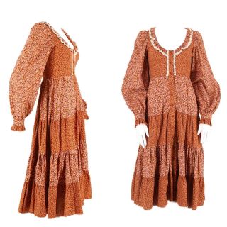 70s Gunne Sax Brown Floral Print Cotton Prairie Peasant Dress 9 Vintage 1970s 9