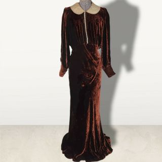 Antique Museum Deaccessioned 1920s 1930s Smocked Brown Silk Velvet Maxi Dress