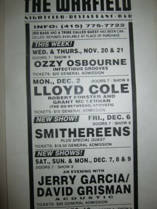 Warfield Concert Poster Ozzy Osbourne Tin Machine Pixies 1991 2