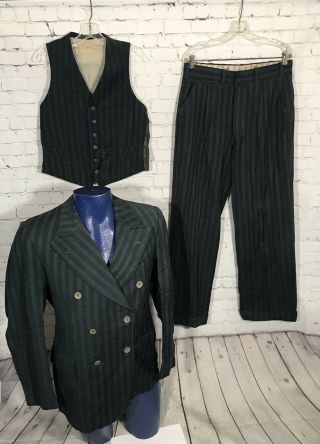 Vintage Three Piece Suit 1930s Or 1940s Green Striped Wool Blend Gathered Deco M