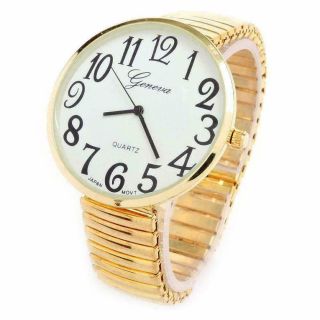 Gold Large Size Round Face Stretch Band Easy To Read Geneva Watch 20108