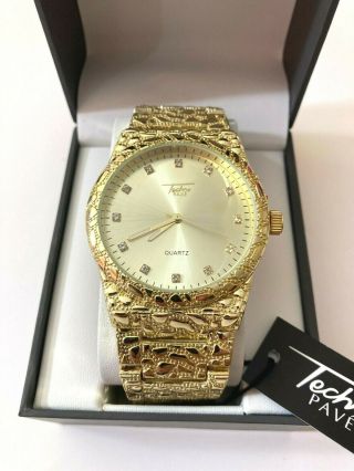 Techno Pave Hip Hop Nugget Pattern 14k Gold Platted Metal Band Watches 8364 - 101