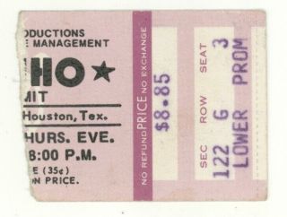 The Who 11/20/75 Houston Tx Ticket Stub 1st Rock Concert Ever At The Summit