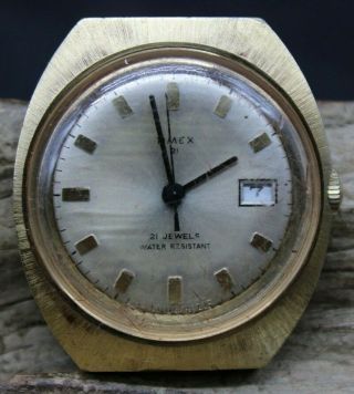 Vintage 1971 Men Timex 21 J Date Wrist Watch 665607571 Runs 33.  2x37.  3mm (l2k)
