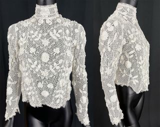 Vintage Edwardian Handmade White Irish Crochet Lace High Neck Collar Blouse Top