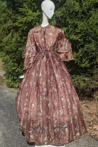 Civil War Era Floral Print Sheer Challis Wool Long Dress W Tiered Pagoda Sleeves