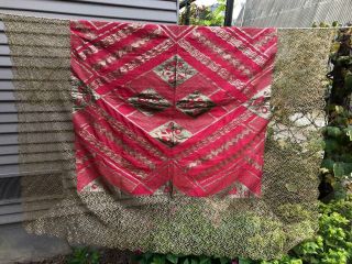 Antique French Red Silk Metallic Gold Lace Table Cover Shawl Art Deco Flapper