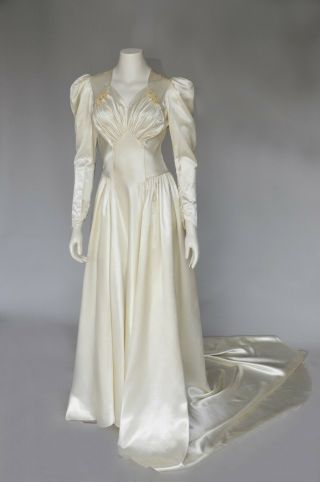Vtg 1940s Candlelight Slipper Satin Wedding Gown Dress Sweetheart Neckline Xs