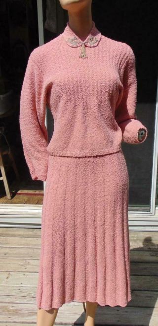 Vtg 1950s Pink Sweater & Skirt Knit Set Beaded Collar Up To 30w