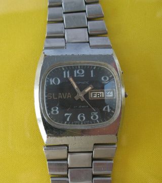 Slava Automatic Vintage Soviet Ussr Wrist Watch Black Dial Case Movement 2427.