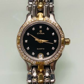Cyma 18k Gold Bezel Diamonds Date Stainless Steel Quartz Women’s Watch