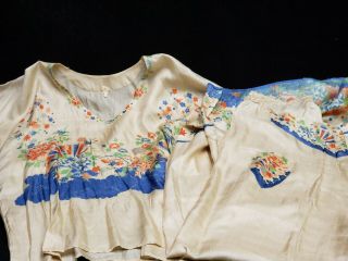 Vintage Silk Pongee Pajama Bloomer Top Set 20s Art Deco Fan Floral Japan Flapper