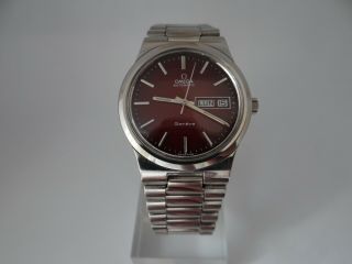 Omega Geneve Red Sunburst Dial Day/date Automatic Cal 1022 Ref 166.  0174 Vintage