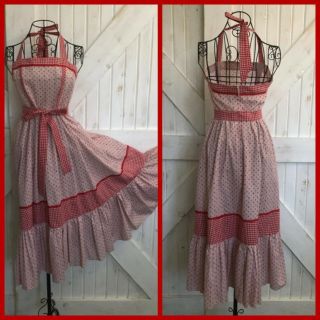 70s Vintage Gunne Sax Red White Stripe Gingham Calico Halter Midi Sundress Dress