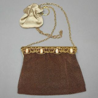 Vintage 1950s Chunn Of Paris France Brown Bronze Beaded Purse Evening Bag Cameos
