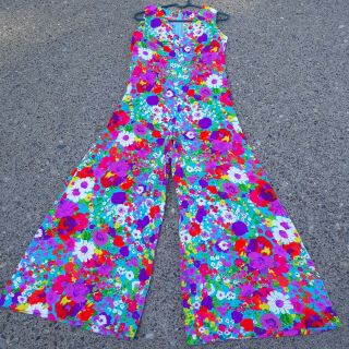 Vtg 60s 70s M Psychedelic Hippie Flower Power Rainbow Palazzo Wide Leg Jumpsuit