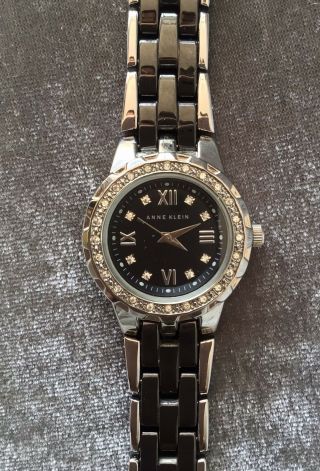 Anne Klein Y121e Black And Silver Watch Jeweled Bezel Works/new Battery G2