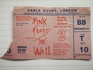 Pink Floyd The Wall Concert Ticket Earls Court 14th June 1981 Vgc