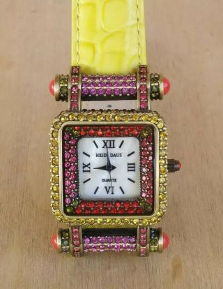 Heidi Daus Multicolor Crystal Watch Yellow Leather Strap 7 1/2 " Battery