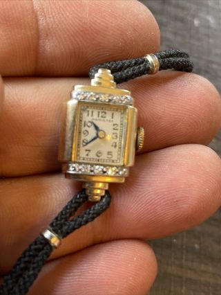 Vintage Art Deco Hamilton 14k Yellow Gold Ladies Watch With 10 - Diamonds -