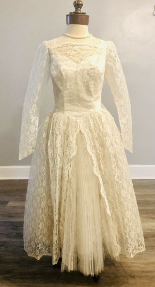 True Vintage 1950 Wedding Gown Sears Long Sleeve Princess Lace Crystal Pleated