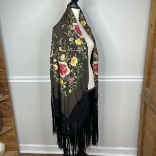 Vintage Embroidered Silk Piano Shawl Cover Fringe Floral Scarf Brown Boho Chic