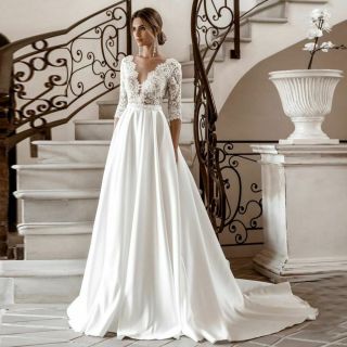 Long Sleeve Wedding Dresses Lace V - Neck Satin A - Line Bridal Gown Autumn Clothing