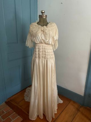 Antique Edwardian Exquisite Lace Trimmed Silk Wedding Gown With Lace Train