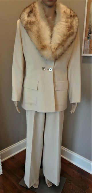 Vtg Lilli Ann Paris San Francisco Ivory Wool Crepe 4 Pc Suit W/fox Fur Collar