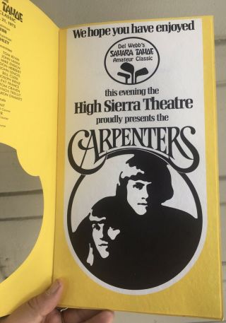 Scarce August 19 - 21,  1973 THE CARPENTERS at SAHARA TAHOE Theater MENU 2