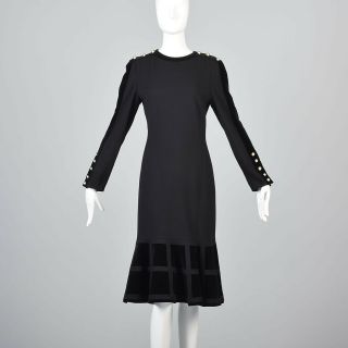 S Vintage Louis Feraud Long Sleeve Black Wool Mermaid Dress Velvet Designer