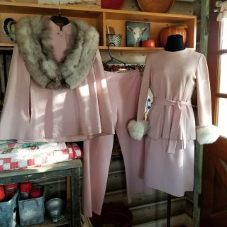Vintage Lilli Ann Pink 4 Pc Suit Fur Collar/cuffs Pant Skirt Jacket Coat Bow Mcm