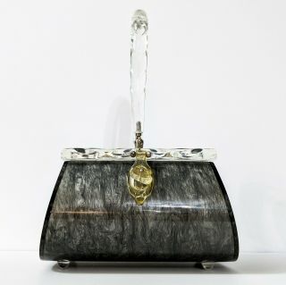 Vtg Mid Century Lucite Marble Gray Wedge Shaped Clear Lid Handbag Purse Rialto
