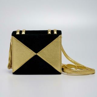 Authentic Rare Paloma Picasso Book Handbag Gold With Black Suede