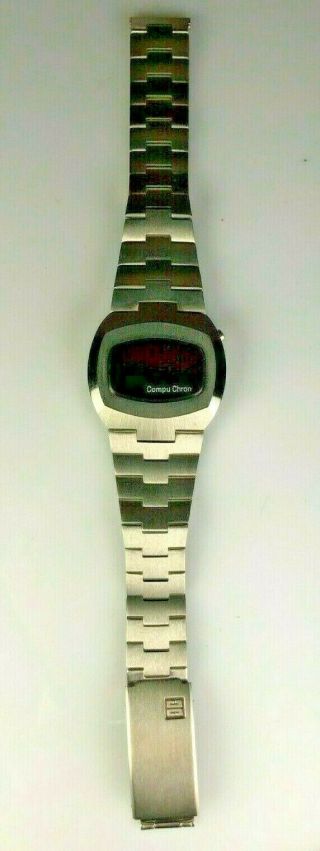 Vintage Men’s Compu Chron Red Led Watch Case & Band 1976 Silver 70s Compuchron