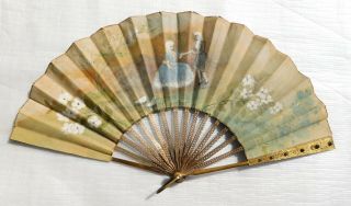 Antique Brass Bronze And Hand Painted Paper Signed Hand Fan