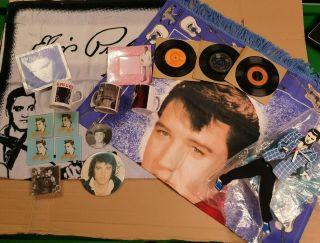 Group Of Elvis Collectables - Towel Wall Hanging / Rug Mugs Coasters 7 " Clock