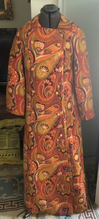 Vintage 1970’s Maxi Coat Orange Paisley Quilted Double Breasted Carnaby St Look
