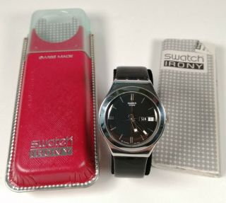 Vintage Swatch Irony Watch With Case Black Leather Strap 37mm