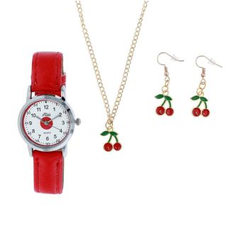 Relda Kids Girls Red Cherry Design Watch & Jewellery,  Necklace And Earrings Gift