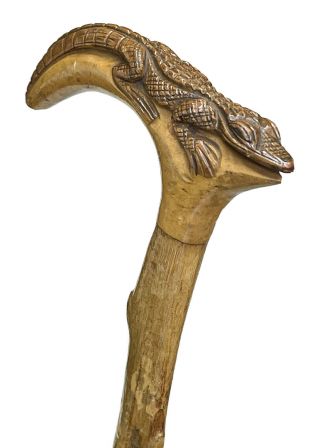 Vintage Antique Child Carved Wood Alligator Fancy Crook Walking Stick Cane 27.  5”
