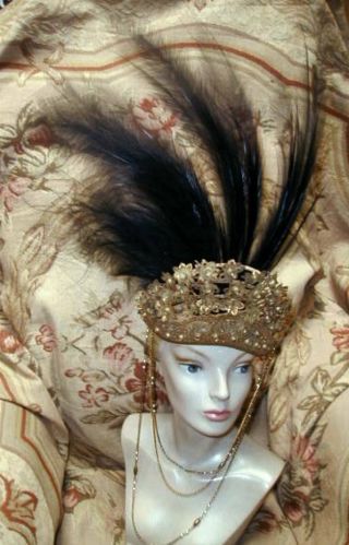 Antique 1918 Paris Theatrical Headdress Bird Of Paradise Plumes On A Gold Crown