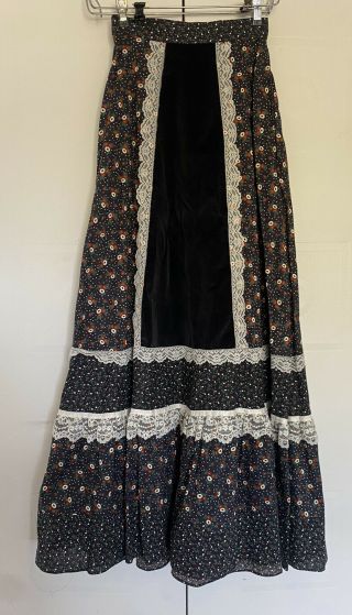 Vtg Gunne Sax Prairie Style Cotton,  Velvet,  And Lace High Waist Maxi Skirt